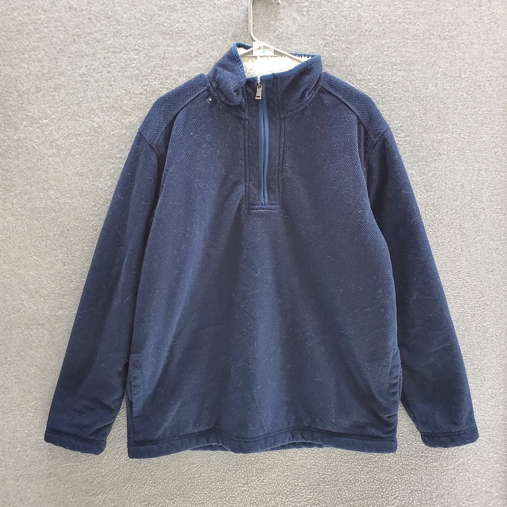 Orvis Men Jacket Large Blue Sherpa Lined Waffle‎ Knit 1/4 Zip Pockets Pullover